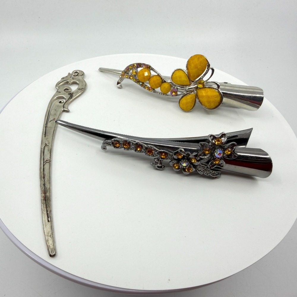 Lot of 3 Silver Tone Rhinestone Hair Barrettes Floral Butterfly Hair Clips Set